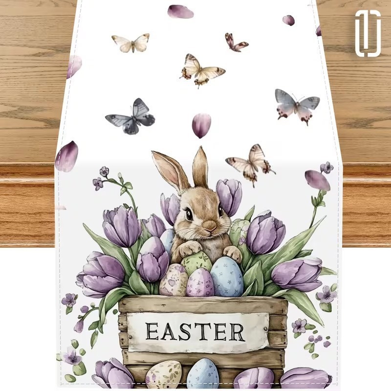 33 x 183 CM Festive Easter Linen Table Runner - Cartoon Bunny Table Runner & Stain-Resistant Primitive Home Decor (Style-7)