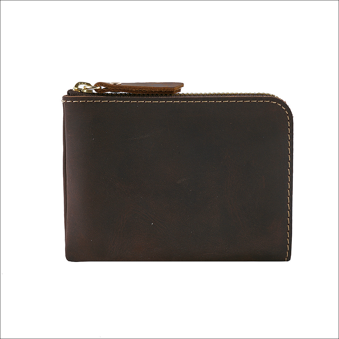 Coffee Handmade Crazy Horse Leather Wallet Minimalist L-Zip Card Holder Top Layer Cowhide Short Purse with Coin Pocket 12cm Vintage Style