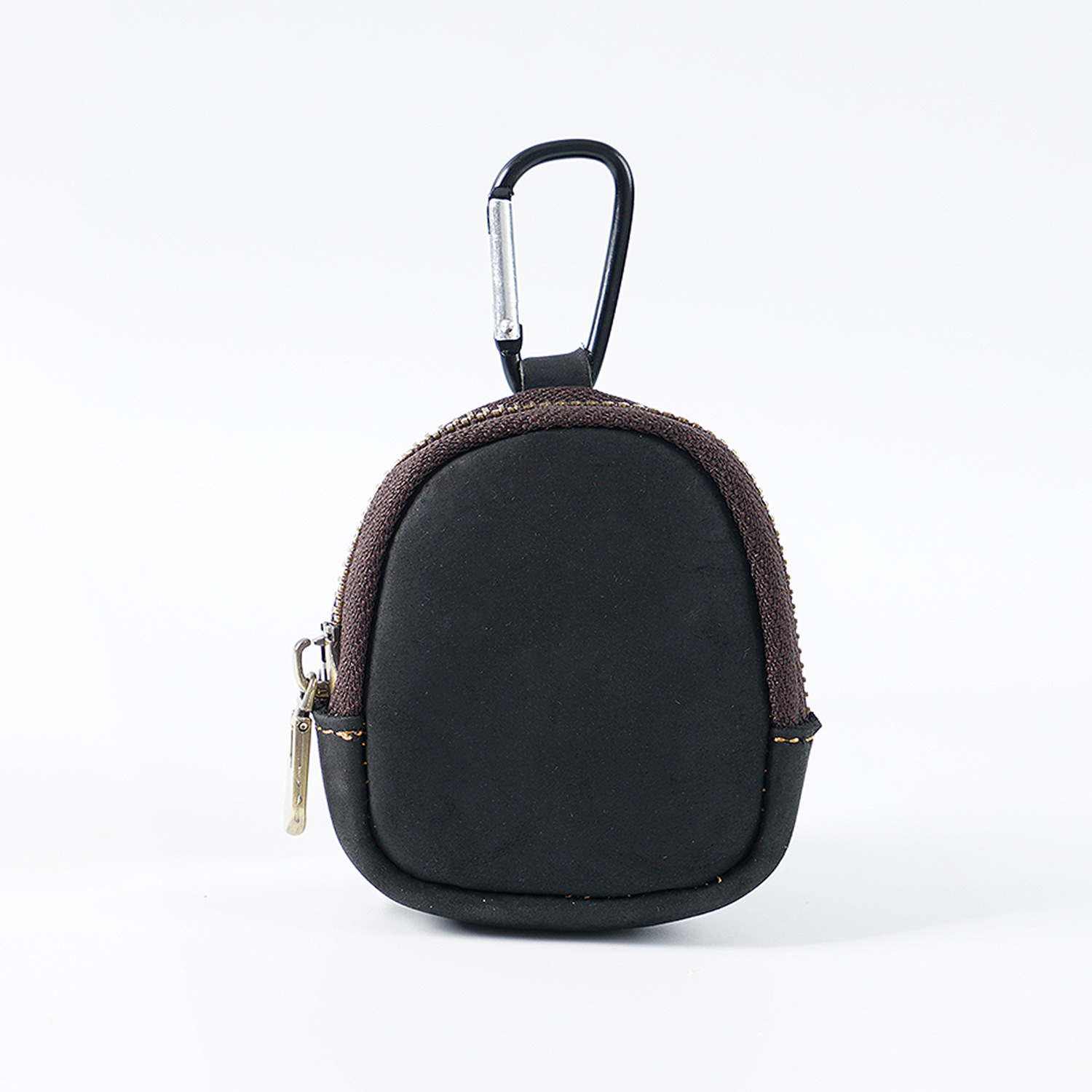 Black Genuine Crazy Horse Leather Mini Coin Purse Zipper Shell Pouch Small Earphone Case Key Holder with Carabiner Clip 8.5cm for Travel