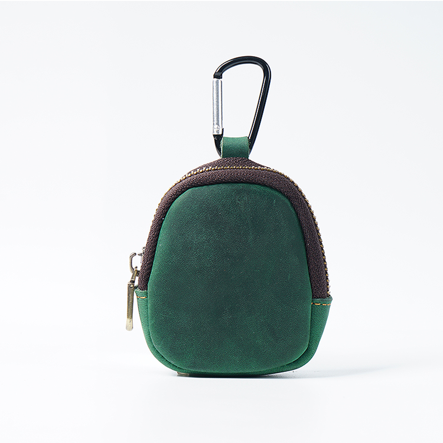 Green Genuine Crazy Horse Leather Mini Coin Purse Zipper Shell Pouch Small Earphone Case Key Holder with Carabiner Clip 8.5cm for Travel