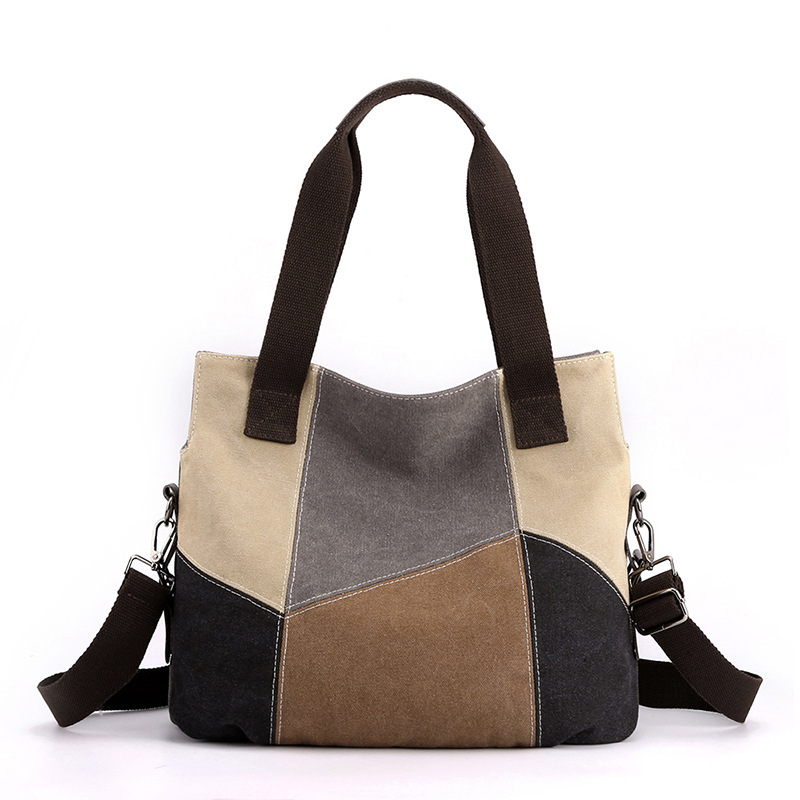 Grey Vintage Patchwork Canvas Tote Bag Large Capacity Multi-Pocket Women's Shoulder Handbag for Office Travel and Daily Use