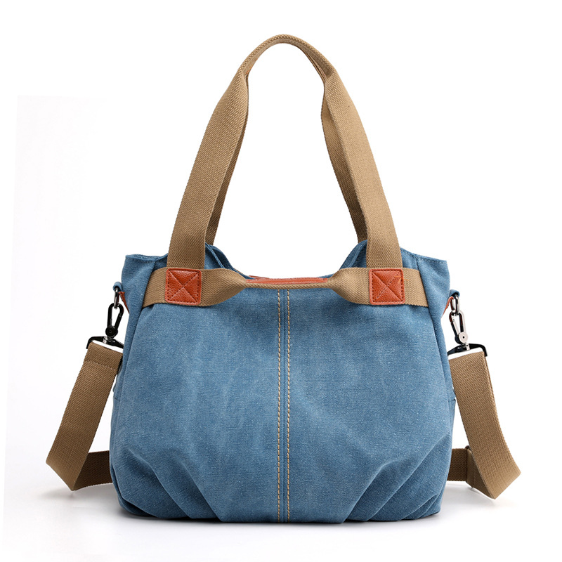 Light Blue Women's Retro Canvas Tote Bag Large Capacity Shoulder Handbag Adjustable Crossbody Strap 35cm for Travel Work & Daily Use