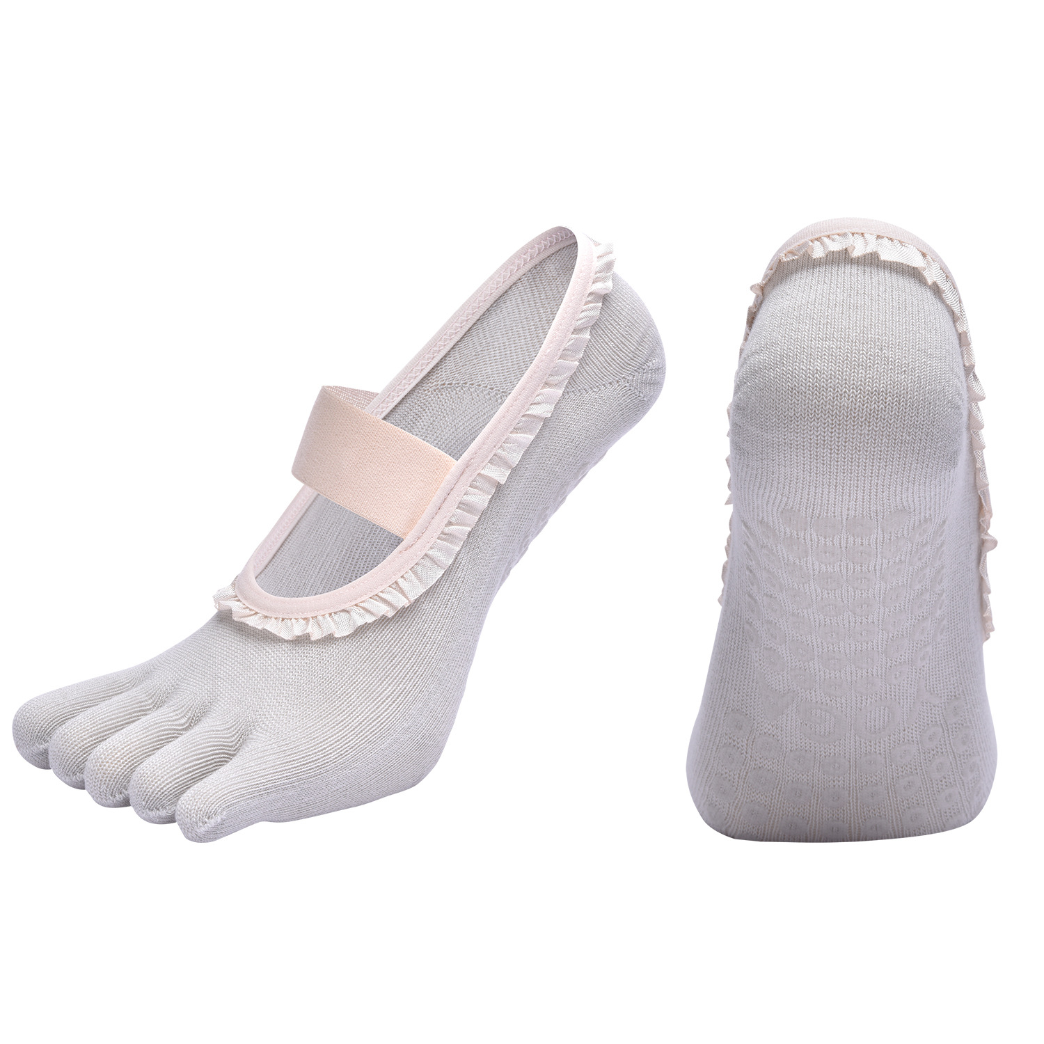 Grey 2pcs Women's 5-Finger Ballet Style Yoga Socks - Non-Slip Grip Pilates & Dance Socks with Elegant Lace Trim and Elastic Cross Strap