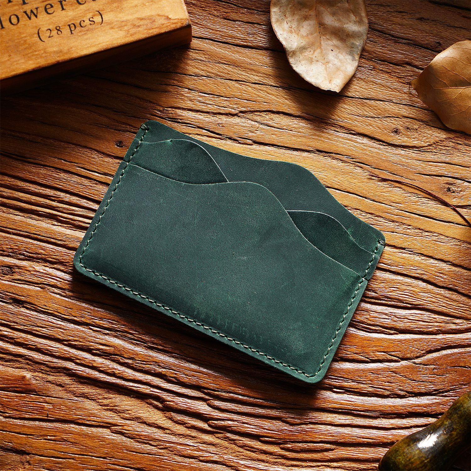 Green Minimalist Slim Crazy Horse Leather Card Holder - Vintage Handcrafted Top Grain Cowhide Wallet and ID Case for Men
