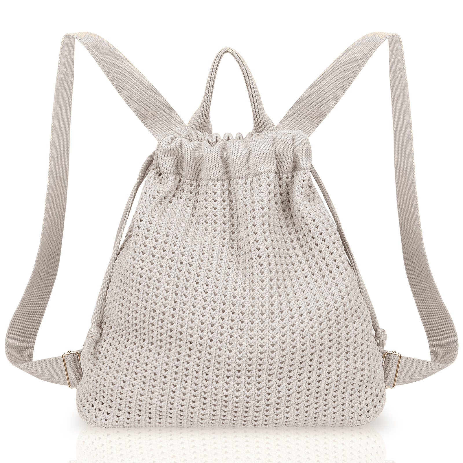 Grey Bohemian Crochet Knit Drawstring Backpack - Hand-Woven Versatile Tote & Shoulder Bag for Vacation, Travel, and Daily Use
