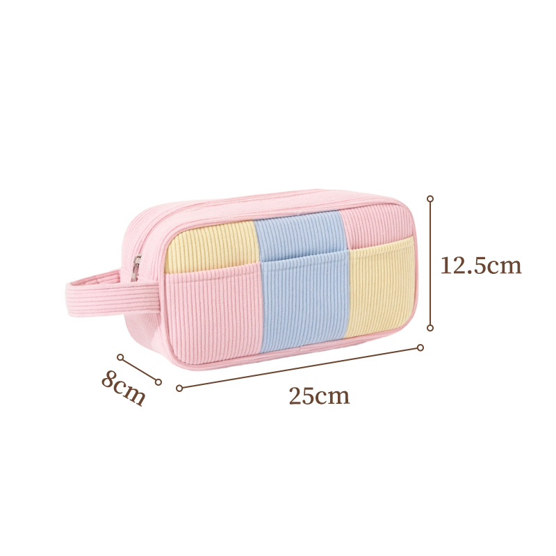 Pink Trendy Color-Block Corduroy Makeup Bag - Large Capacity Travel Cosmetic Organizer with Easy-Access Wide Opening and Portable Handle