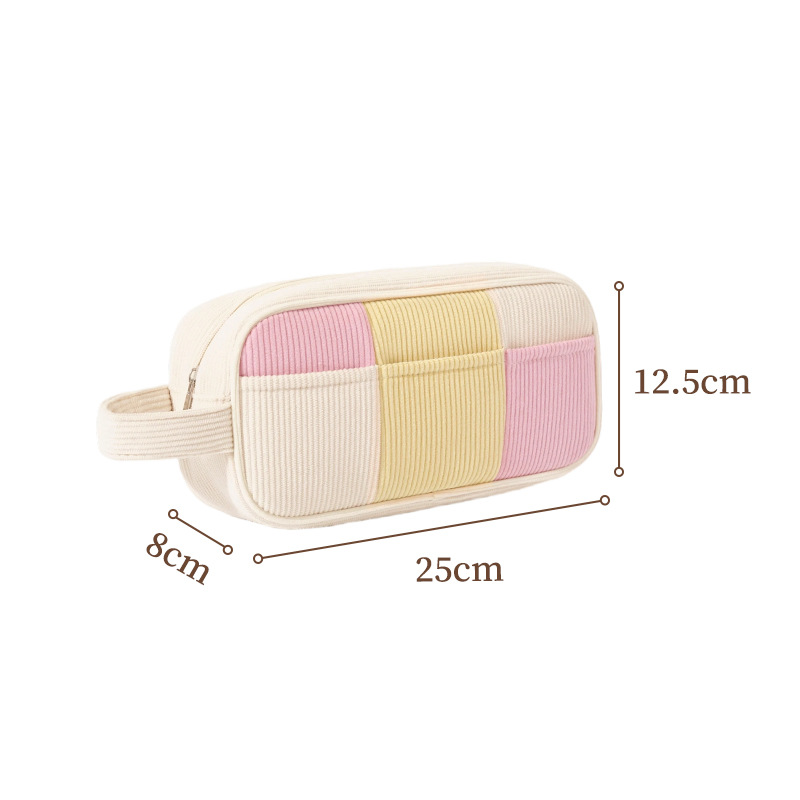 Yellow Trendy Color-Block Corduroy Makeup Bag - Large Capacity Travel Cosmetic Organizer with Easy-Access Wide Opening and Portable Handle