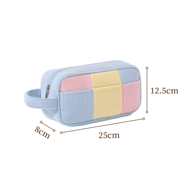 Blue Trendy Color-Block Corduroy Makeup Bag - Large Capacity Travel Cosmetic Organizer with Easy-Access Wide Opening and Portable Handle