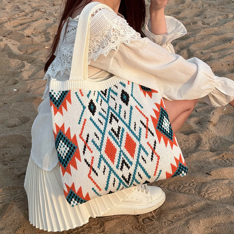 Beige Bohemian Tribal Print Knit Tote Bag | Large Capacity Woven Style Handbag | Fashion Ethnic Shoulder Carryall