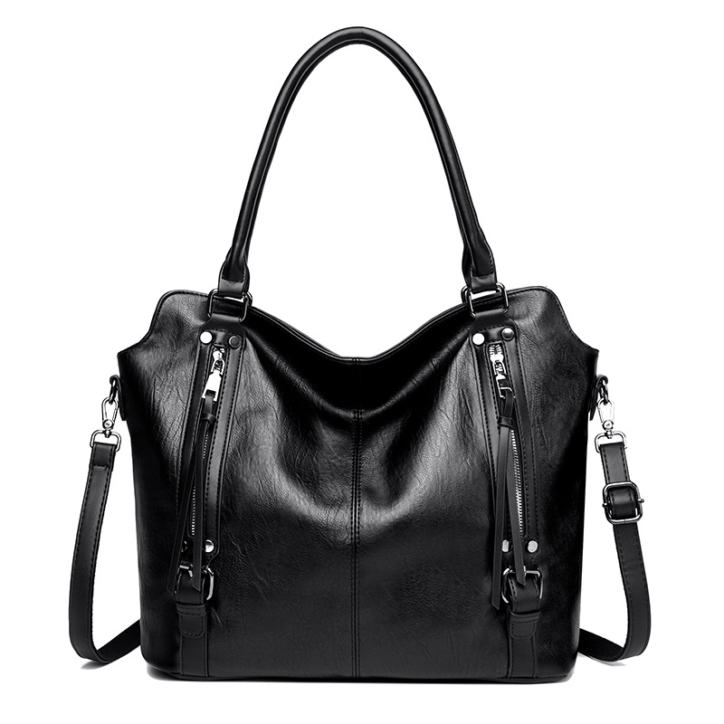 Black Vintage Soft PU Leather Tote Bag | Large Capacity Multi-Pocket Handbag | Convertible Shoulder & Crossbody Bag