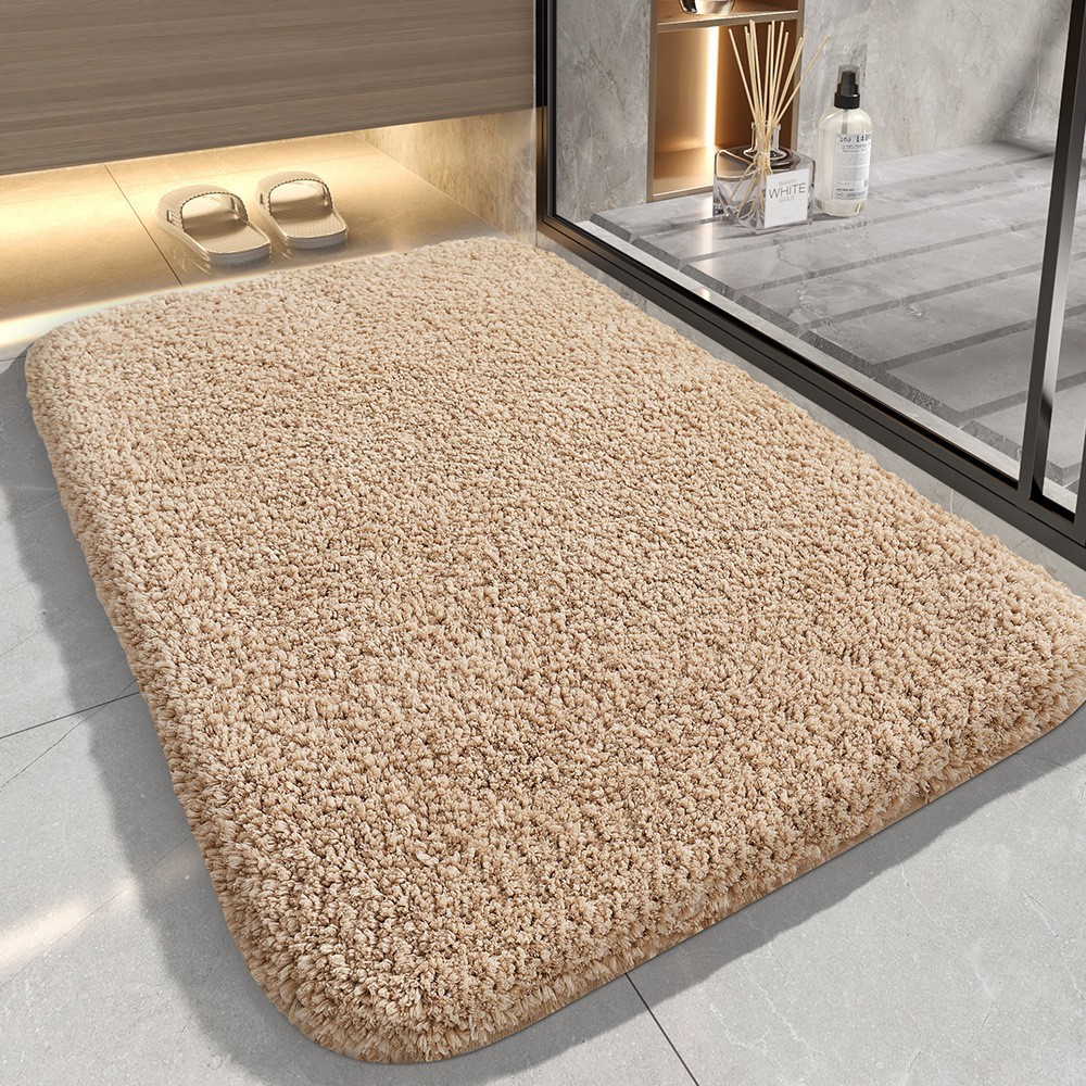 Khaki 60*90cm Luxury 3.5cm Shag Bath Mat | Silver Ion Antibacterial Technology | Quick Dry Non-Slip TPR Bathroom Rug