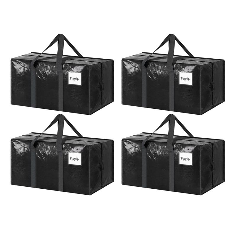 4 Pack Extra Heavy Duty Large Moving Bags with Strong Zipper & Comfortable Handles, Sturdy & Durable Clothes Storage Bags Totes Bins,  Packing Moving Boxes for Clothes, Bedding, Dorm & Travel, Black