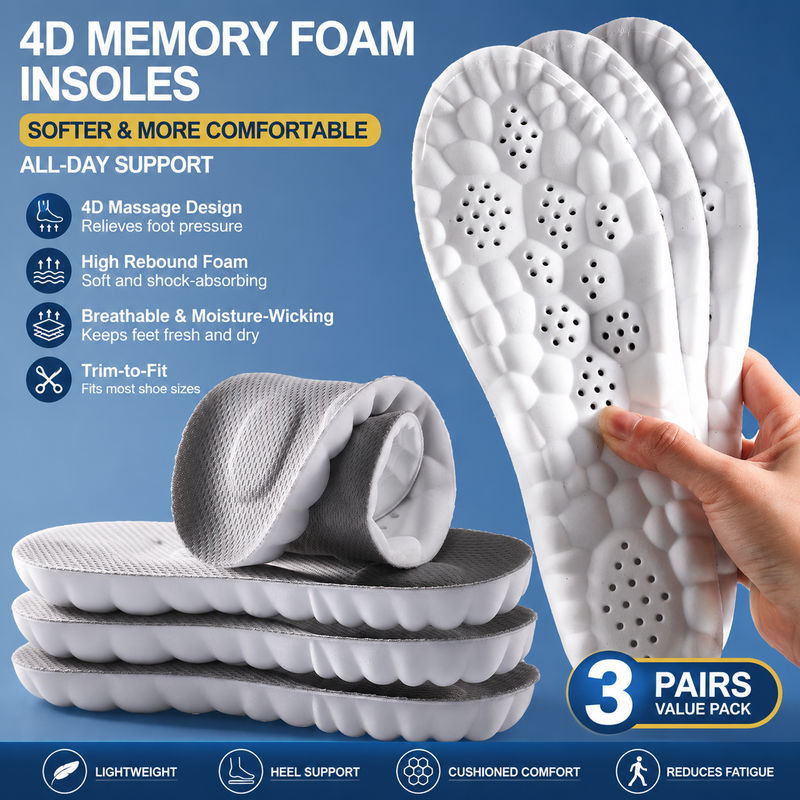 3 Pairs Grey 4D Cloud Insoles for Men and Women Insoles Super Soft Anti-Fatigue, Shock Absorption, Relieve Foot Pain  (AU 10–11)
