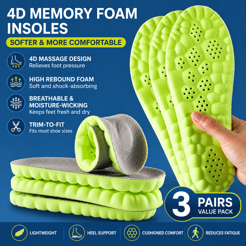 3 Pairs Green and Grey 4D Cloud Insoles for Men and Women Insoles Super Soft Anti-Fatigue, Shock Absorption, Relieve Foot Pain  (AU 16–17)