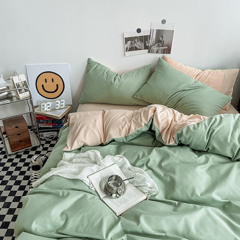 Light green and light camel color Washed Cotton Bedding Set - Solid Color Fitted Sheet Style, 4-Piece Set for 1.8m Bed, Includes 10 Random Color Quilt Fasteners