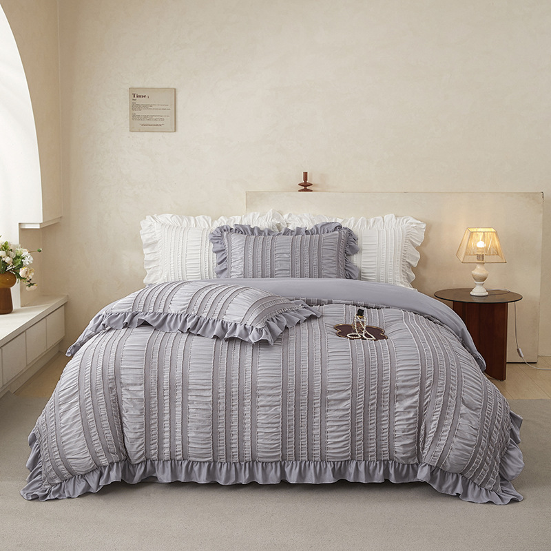 Grey Elegant Ruffle Seersucker Duvet Cover with 2PCS Pillow Shams - 3-Piece Vertical Stripe Clipped Floral Textured Bedding (Twin Size 168 x 229 CM)