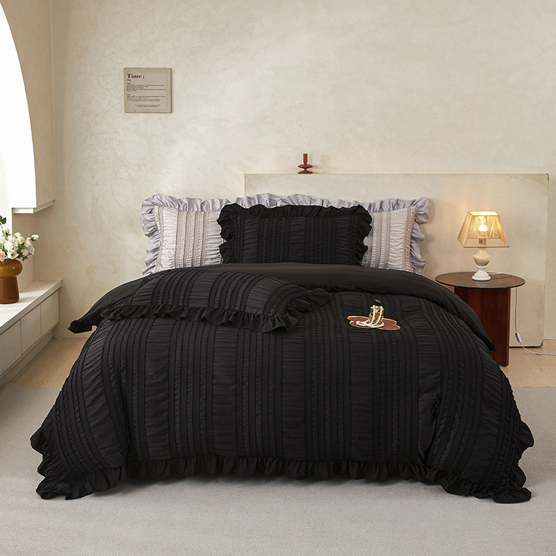 Black Elegant Ruffle Seersucker Duvet Cover with 2PCS Pillow Shams - 3-Piece Vertical Stripe Clipped Floral Textured Bedding (Twin Size 168 x 229 CM)