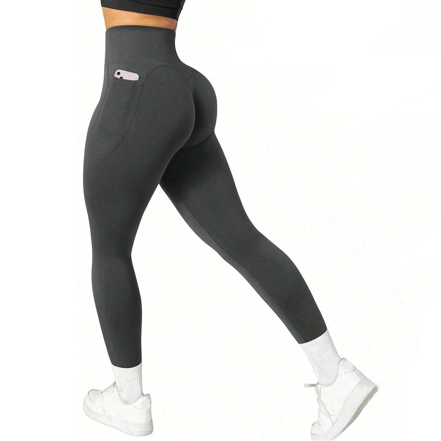 S Size Dark Grey Breathable High-Waist Ruched Butt-Lift Yoga Leggings - Dual Pockets & No Front T - LineNaked-Feel Performance Tights for Gym, Running & Pilates