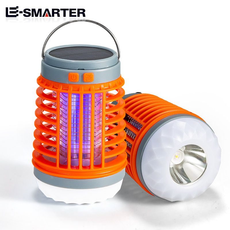 Orange 2-in-1 Cordless Flashlight & Zapper Lantern - Solar / USB Charging, 360° High Voltage Grid and Hanging Hook - Waterproof Mosquito Killer & 4-Mode Camping Light for Outdoor, Home & Patio