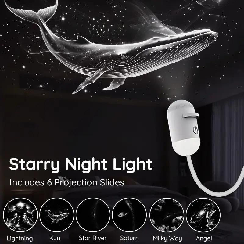 Portable USB Galaxy Night Light Projector with 6 Projection Films - Touch-Controlled Rotating Starry Sky Lamp for Bedroom, Nursery and Car