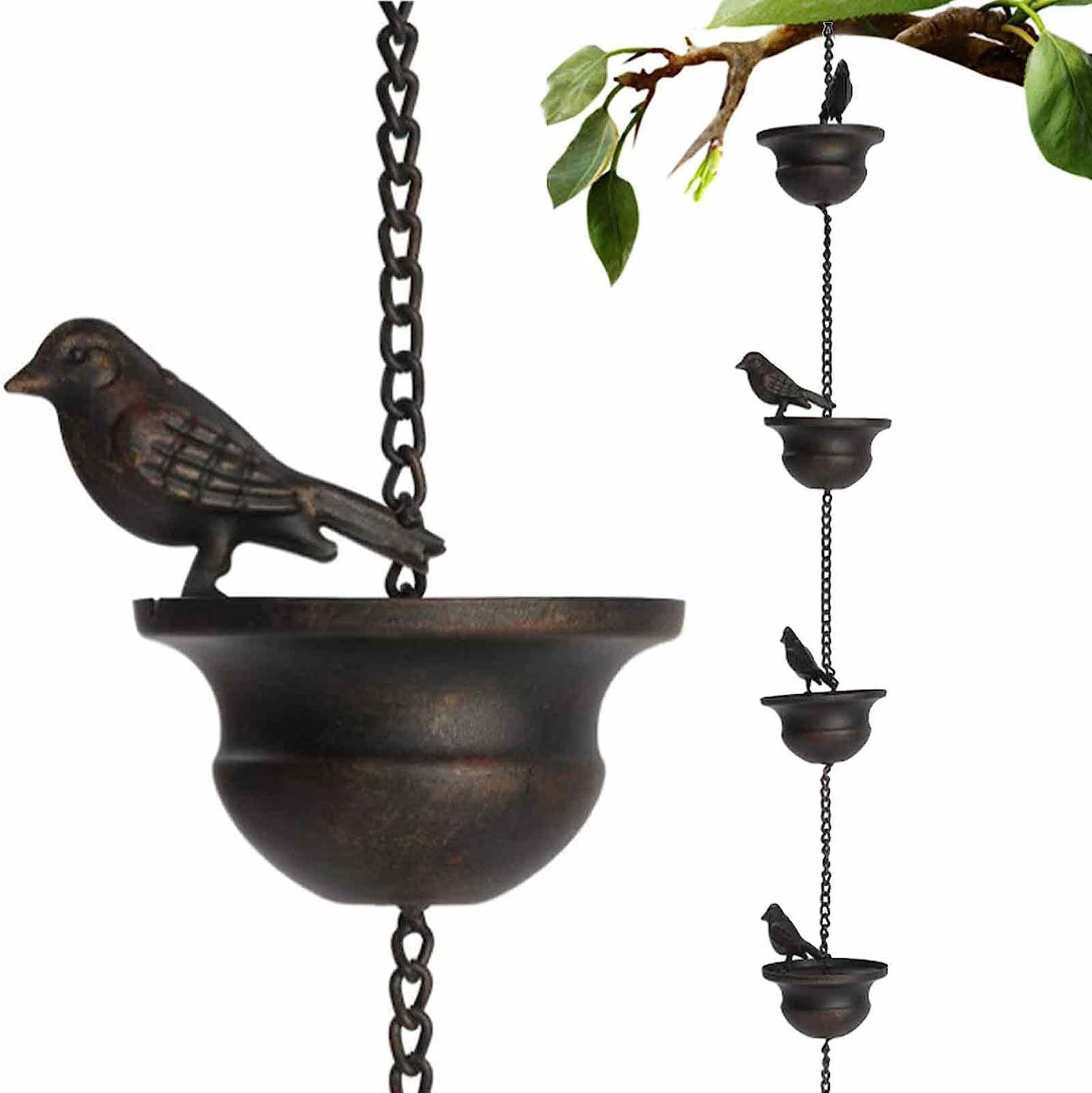 Vintage Metal Bird Shaped Rain Chain Catcher - 23.6 Inches Decorative Hanging Gutter Chains with 4 Iron Birds and Cups - Drain Garden Mobile Birds Steering Wheel for Soothing Rain Sounds