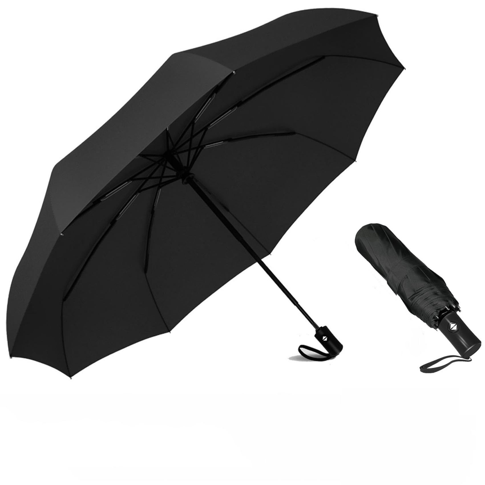Black 97CM Large Folding Automatic Travel Umbrella with 8 Reinforced Fiberglass Ribs - Lightweight Compact Rain & Sun Shield for Backpack Travel and Commuting