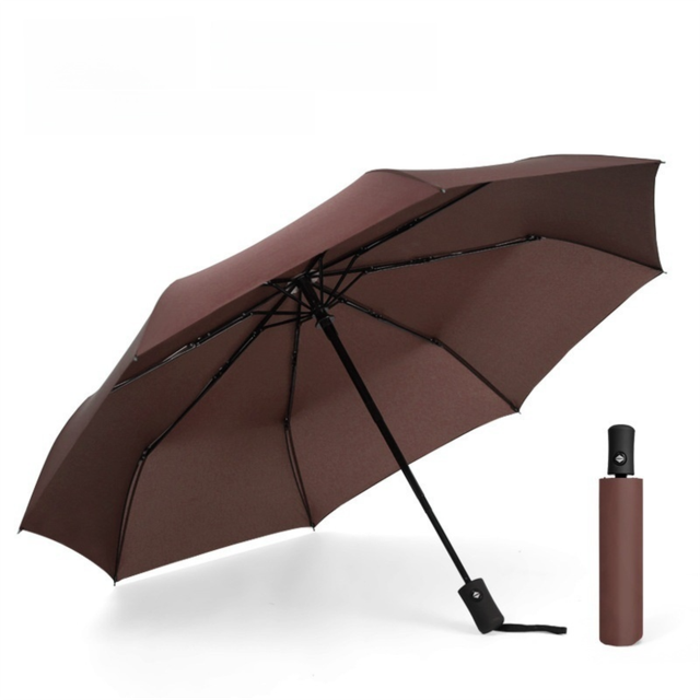 Coffee 97CM Large Folding Automatic Travel Umbrella with 8 Reinforced Fiberglass Ribs - Lightweight Compact Rain & Sun Shield for Backpack Travel and Commuting