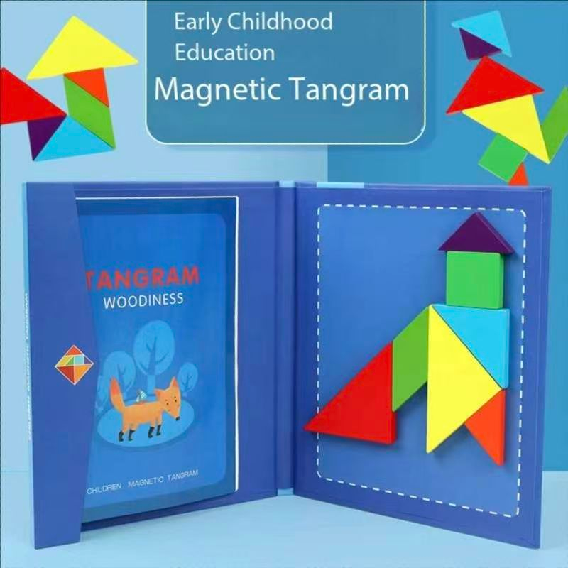 Blue Magnetic Tangram Puzzle for Kids - 7 Colorful Geometric Shapes with Book-Style Storage Case, 96 Pattern Guide - Montessori Educational Toy for Spatial Reasoning Ages 4+ - Travel-Friendly Brain Game