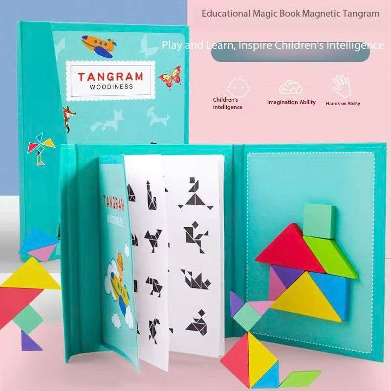 Green Magnetic Tangram Puzzle for Kids - 7 Colorful Geometric Shapes with Book-Style Storage Case, 96 Pattern Guide - Montessori Educational Toy for Spatial Reasoning Ages 4+ - Travel-Friendly Brain Game