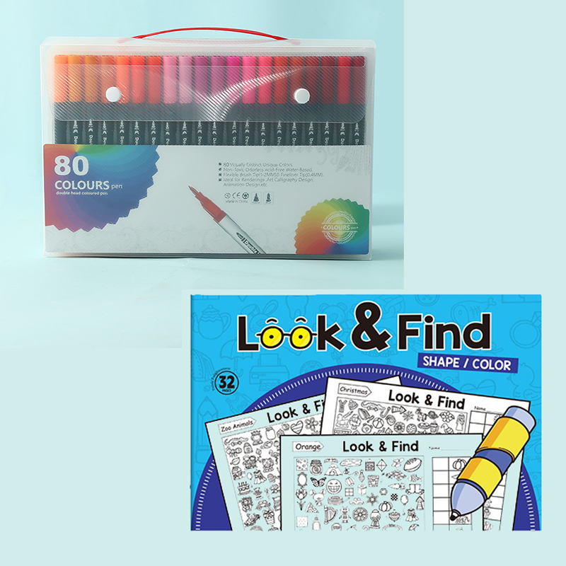 White Look and Find Activity Book with 80 Colors Dual Tip Brush Pens Set, Kids Educational Search and Find Coloring Book with Washable Watercolor Markers, Observation Skills Training Games for Children Ages 3-8, Perfect Gift for Boys Girls  2-Piece