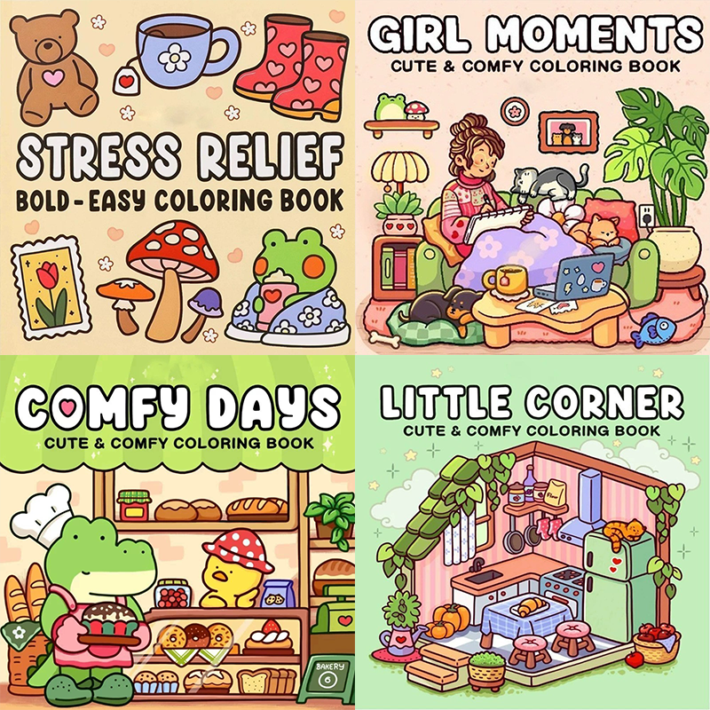 4-Pack Cute & Cozy Coloring Books for Kids, Kawaii Art Therapy Stress Relief Coloring Set with many Healing Illustrations, Mindfulness Drawing Book for Children Teens Ages 3+, Perfect Gift for Relaxation and Creativity【GIRL MOMENTS+LITTLE CORNER+STRESS RE
