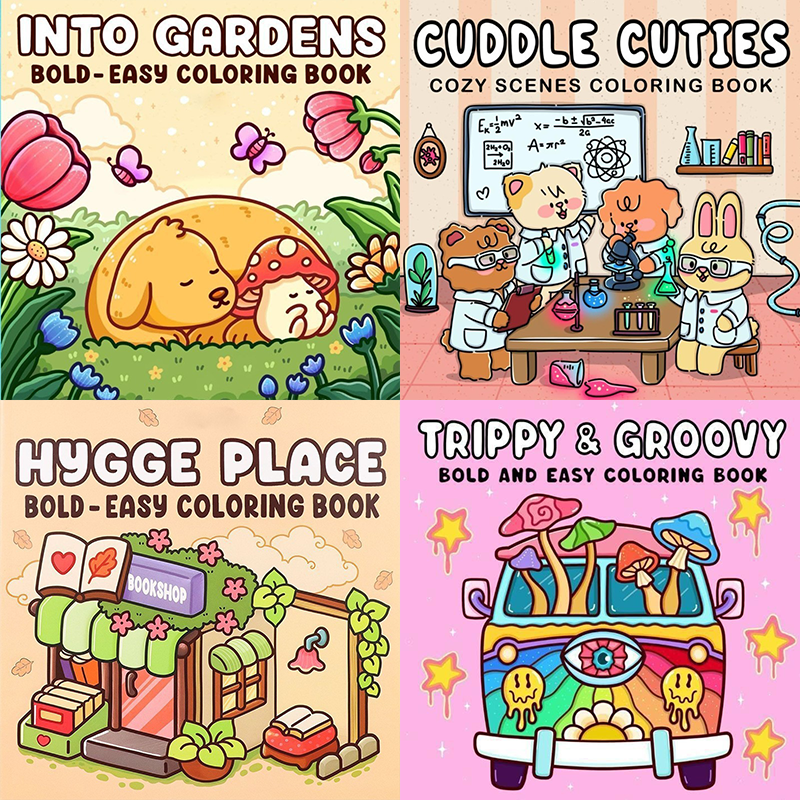 4-Pack Cute & Cozy Coloring Books for Kids, Kawaii Art Therapy Stress Relief Coloring Set with many Healing Illustrations, Mindfulness Drawing Book for Children Teens Ages 3+, Perfect Gift for Relaxation and Creativity【CUDDLE CUTIES+INTO GARDENS+HYGGE PLA