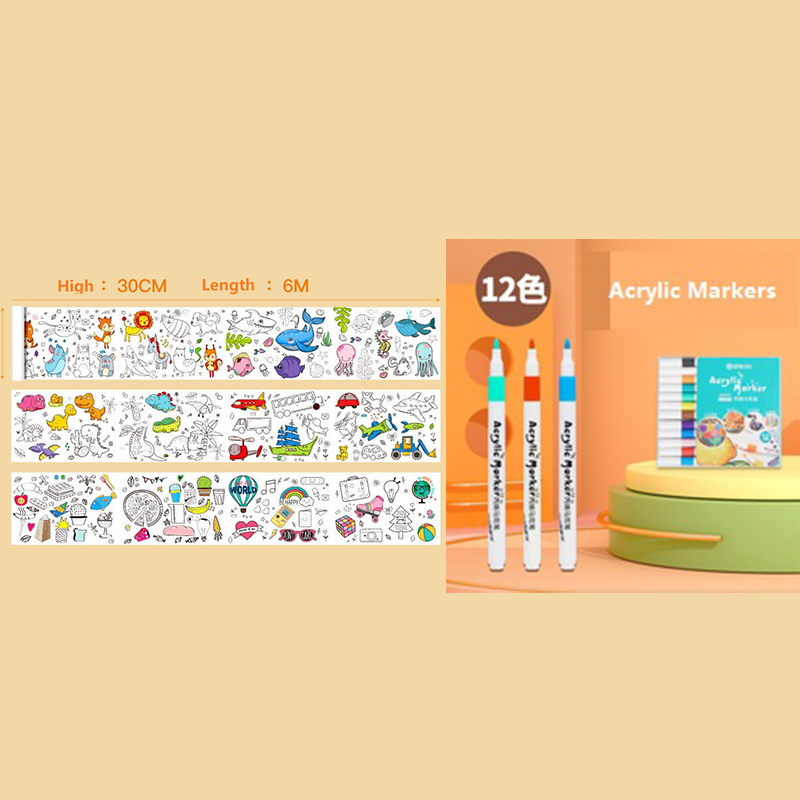 2 Piece- 6M Kids Coloring Scroll Drawing Paper and 12-Color Marker Set, Giant Doodle Art Mural for Wall, Jumbo Coloring Poster Roll,  Creative Art Activity for Ages 3+