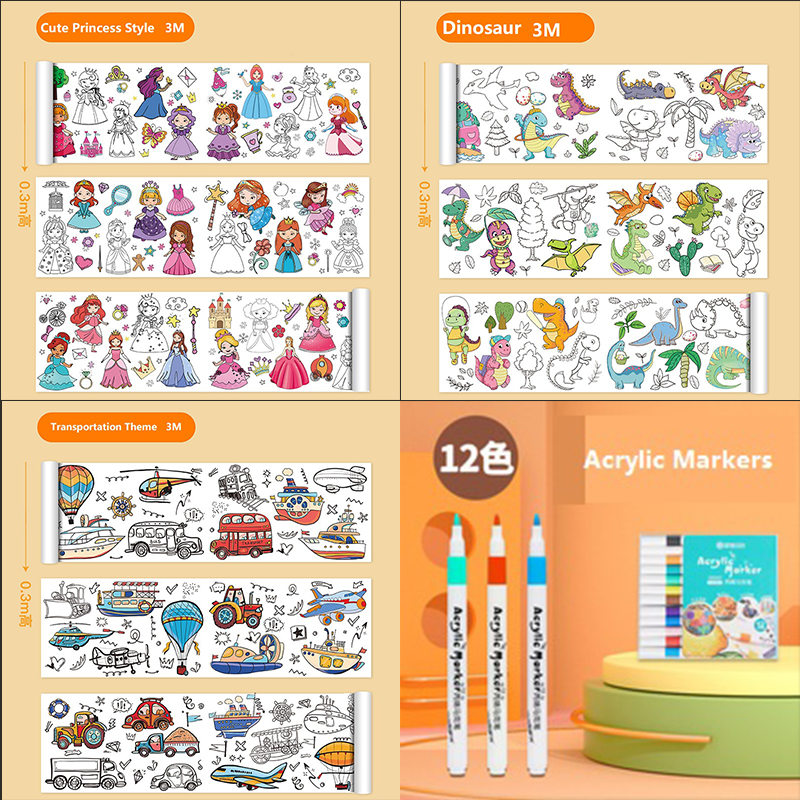 4 Piece- 3pce*3M Kids Coloring Scroll Drawing Paper and 12-Color Marker Set, Giant Doodle Art Mural for Wall, Jumbo Coloring Poster Roll,  Creative Art Activity for Ages 3+