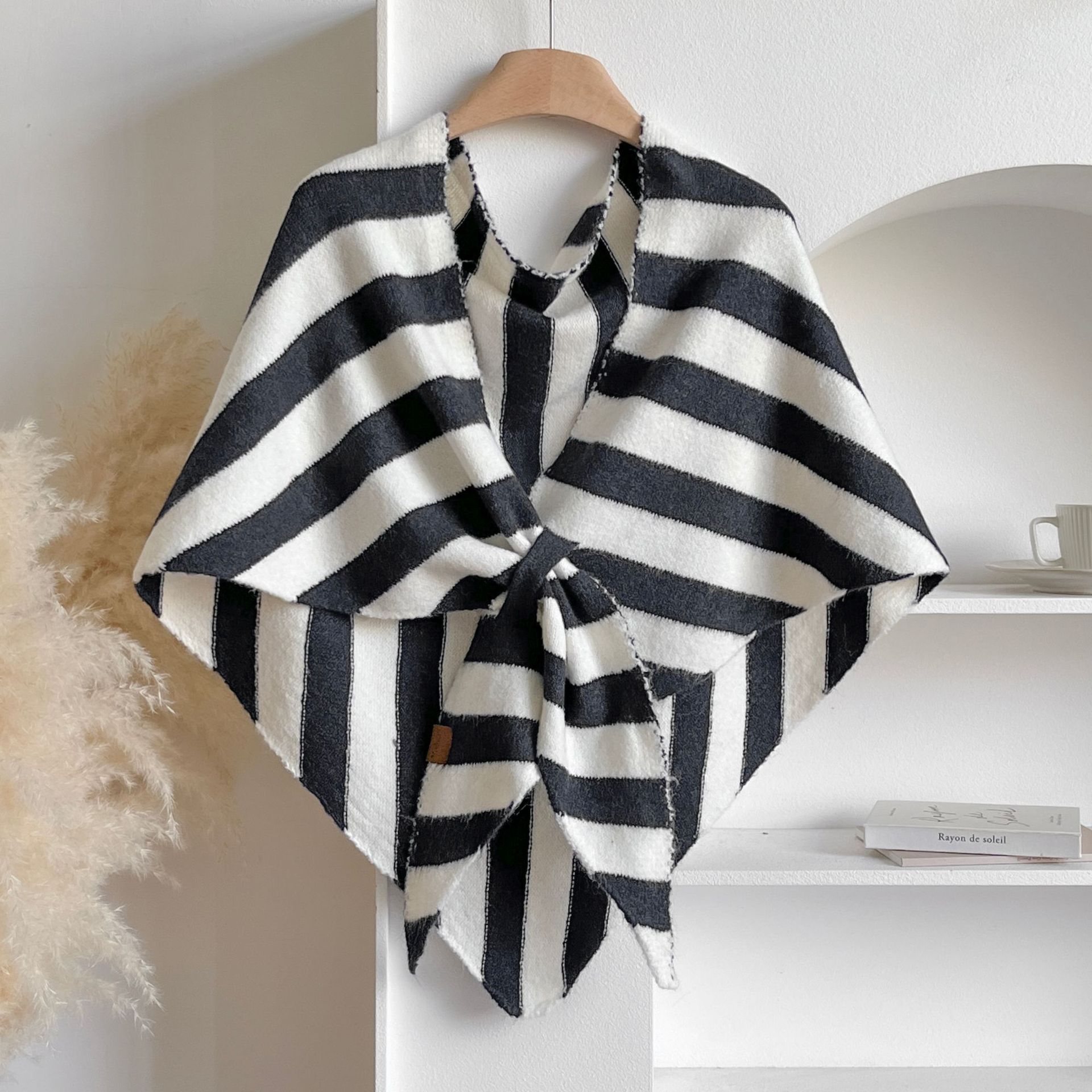 Black Striped Women's  Triangle Shawl Cape - Soft Knit Faux Cashmere Poncho Wrap, Lightweight Warm Pullover for Office Travel & Daily Wear