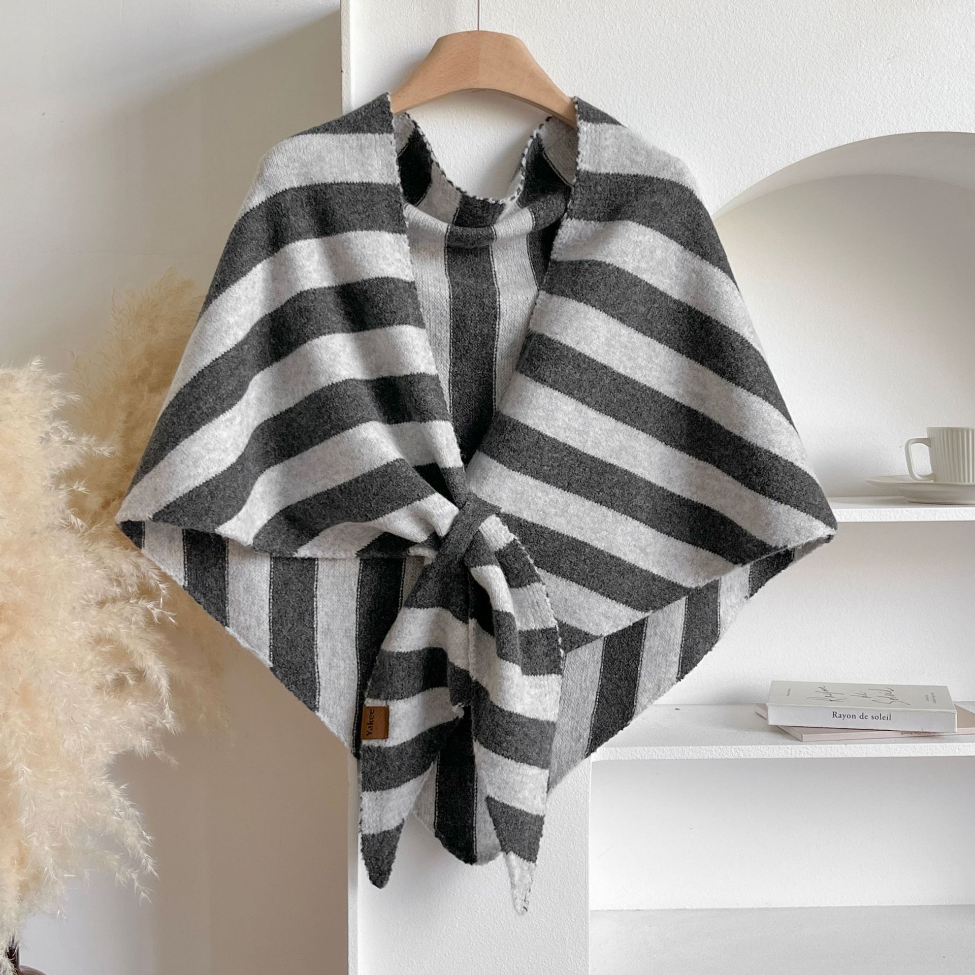 Grey Striped Women's  Triangle Shawl Cape - Soft Knit Faux Cashmere Poncho Wrap, Lightweight Warm Pullover for Office Travel & Daily Wear