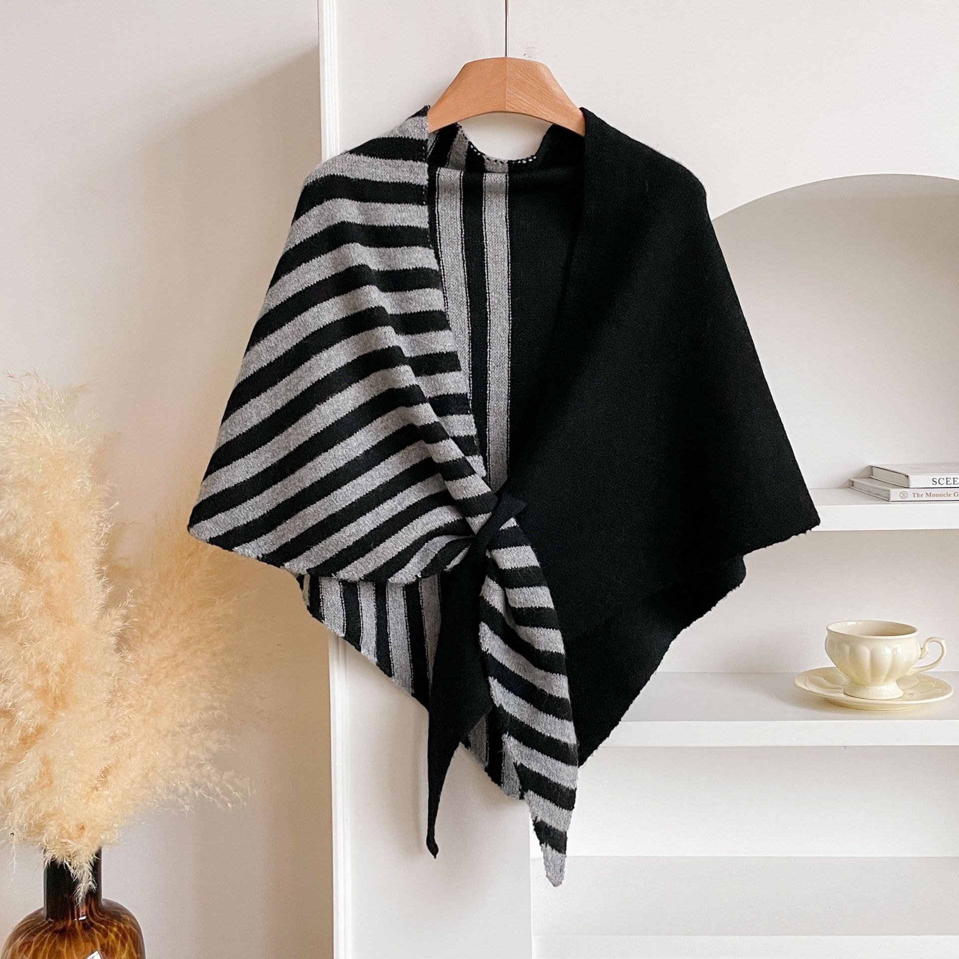 Black and Grey Color blocking Striped Women's  Triangle Shawl Cape - Soft Knit Faux Cashmere Poncho Wrap, Lightweight Warm Pullover for Office Travel & Daily Wear