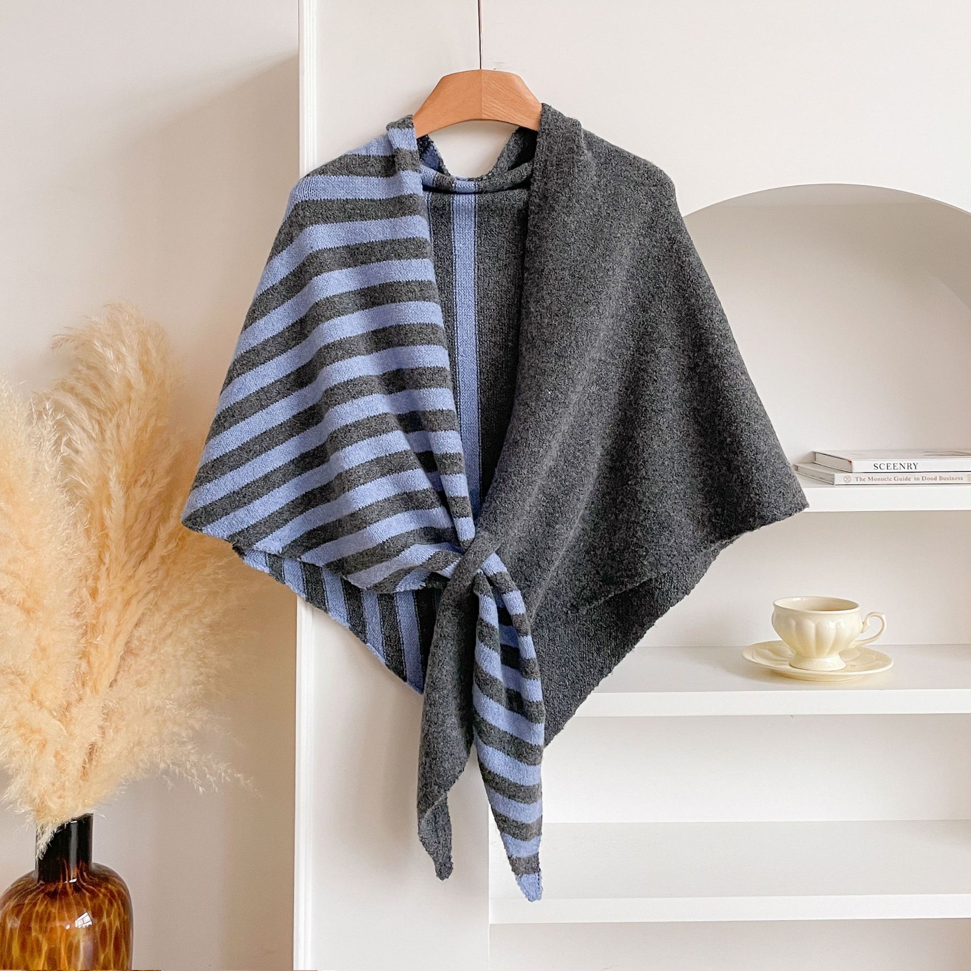 Blue and Grey Color blocking Striped Women's  Triangle Shawl Cape - Soft Knit Faux Cashmere Poncho Wrap, Lightweight Warm Pullover for Office Travel & Daily Wear