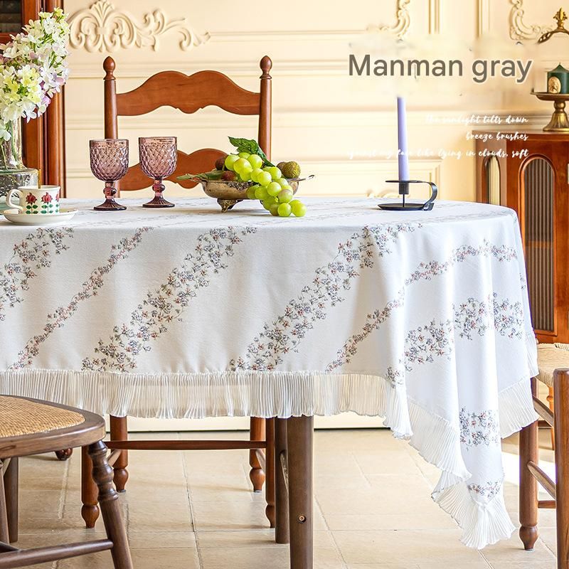 Grey 135*135 Dimensions include lace French Vintage Tablecloth - Pearl Yarn Polyester with Pleated Ruffle Edge - Floral Print Table Cover for Dining, Coffee Table, Bedside, Home Decor, Party, Gift Ready