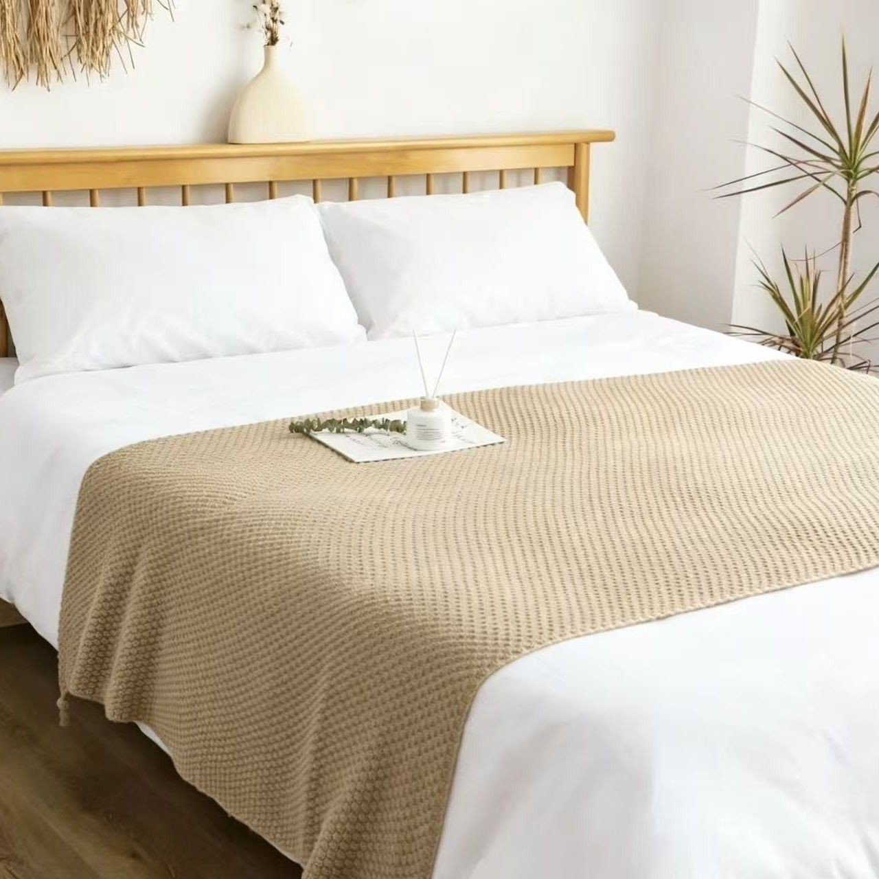 Khaki 150*200cm Nordic Style Tassel Knit Throw Blanket - Soft Polyester Sofa Blanket with Pineapple Texture - Breathable & Lightweight for Office, Couch, Travel - Boho Chic Home Decor