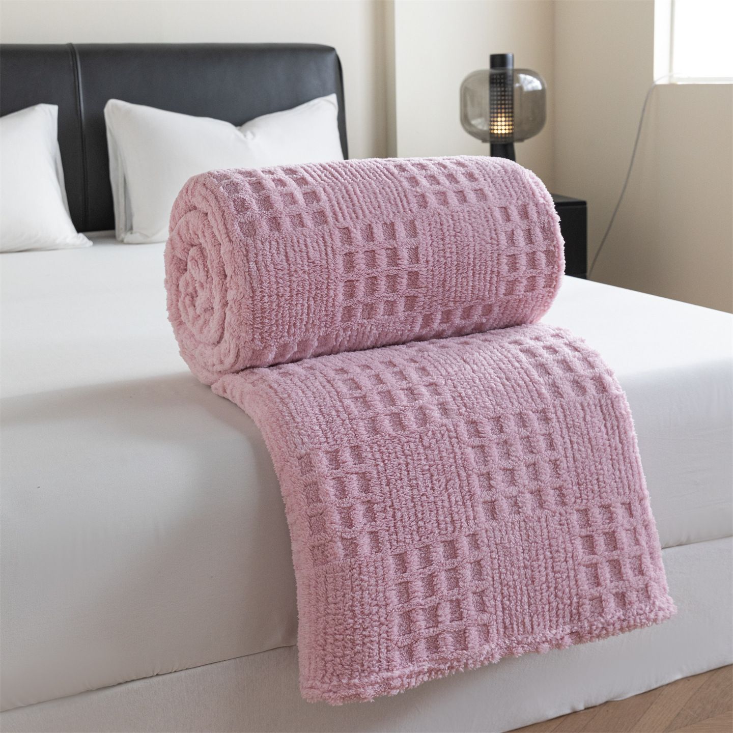 Pink 180*200cm Thickened Double-Sided Plush Waffle Weave Throw Blanket - Anti-Static Taffeta Velvet & Flannel Fleece - Warm, Soft, Non-Shedding Blanket for Winter, Sofa, Bed & Office