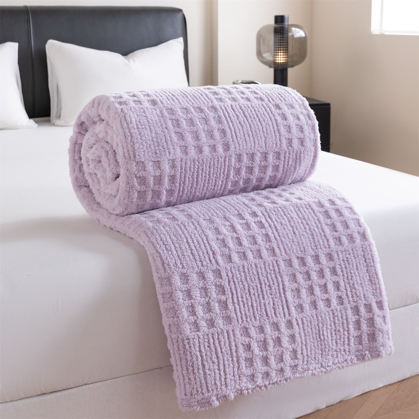Purple 180*200cm Thickened Double-Sided Plush Waffle Weave Throw Blanket - Anti-Static Taffeta Velvet & Flannel Fleece - Warm, Soft, Non-Shedding Blanket for Winter, Sofa, Bed & Office