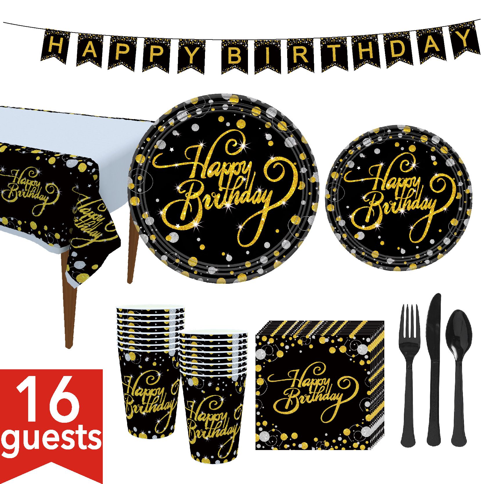 Black and Golden Happy Birthday Party Set for 16 Guests – Premium Paper Tableware, Banner & Table Cover, Food-Safe, Soak-Proof, Perfect for Adult Celebrations
