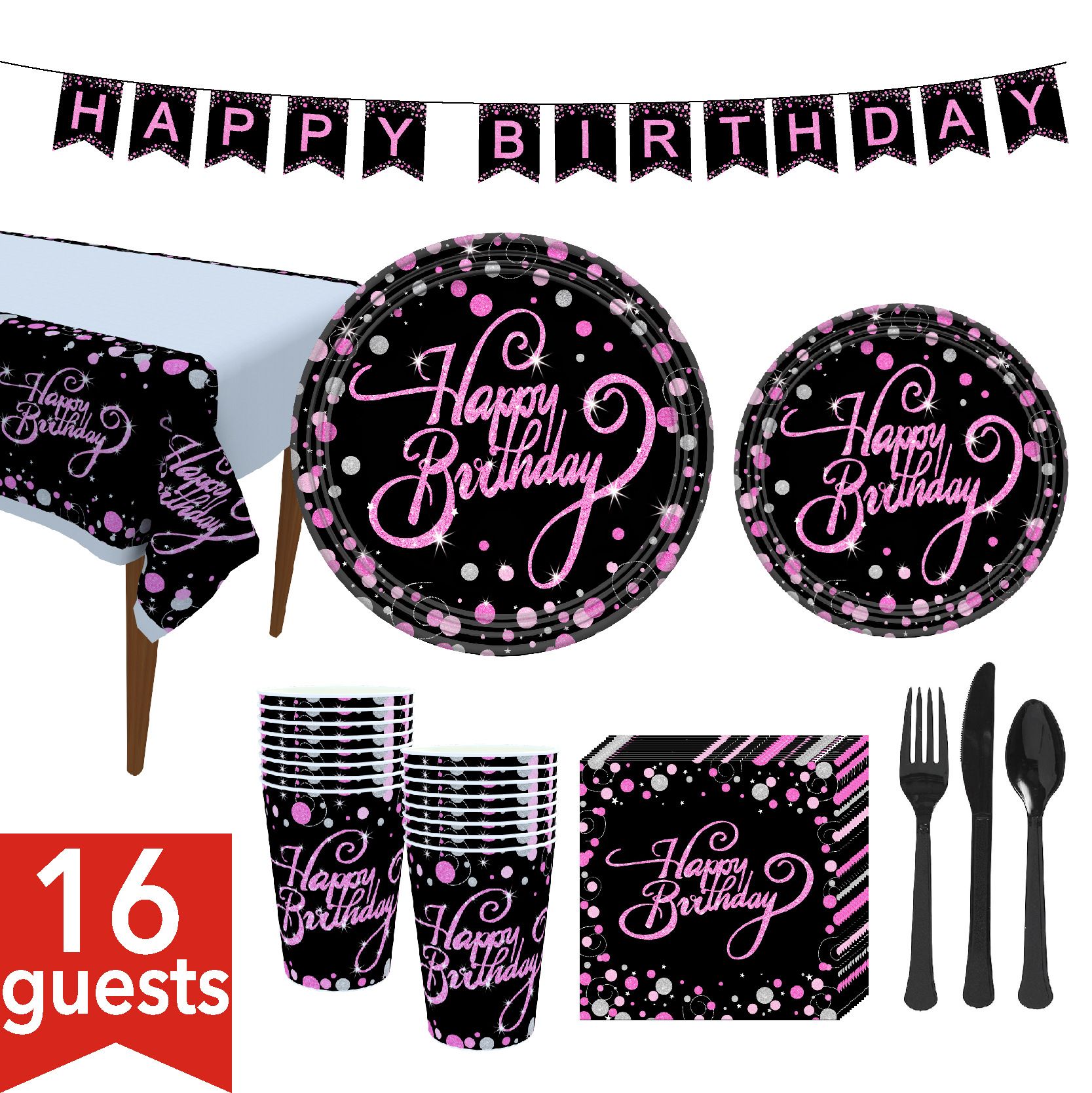 Black and Pink Happy Birthday Party Set for 16 Guests – Premium Paper Tableware, Banner & Table Cover, Food-Safe, Soak-Proof, Perfect for Adult Celebrations