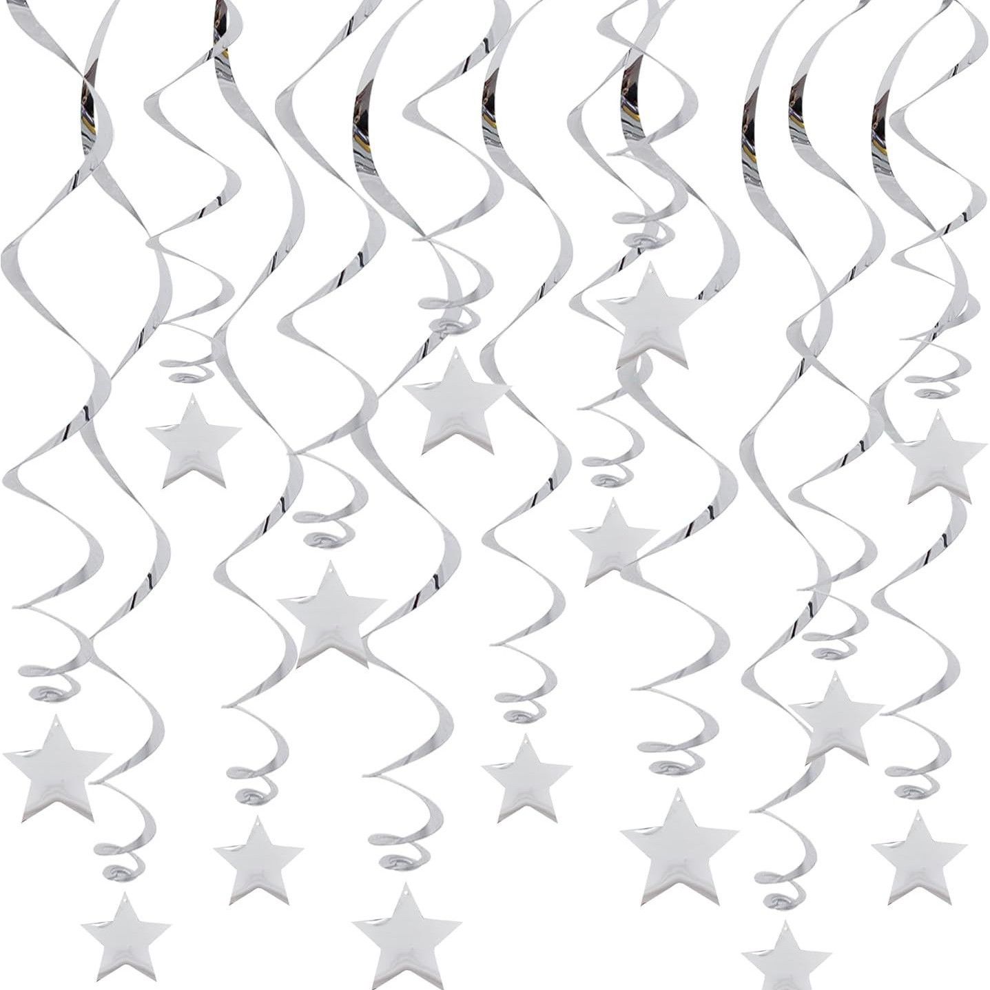 30-Piece Set for Silvery Star Spiral Hanging Decorations - Kids Birthday, Wedding, Graduation, and Party Ceiling Decoration - Festive Swirl Streamers, Easy Hang Party Supplies