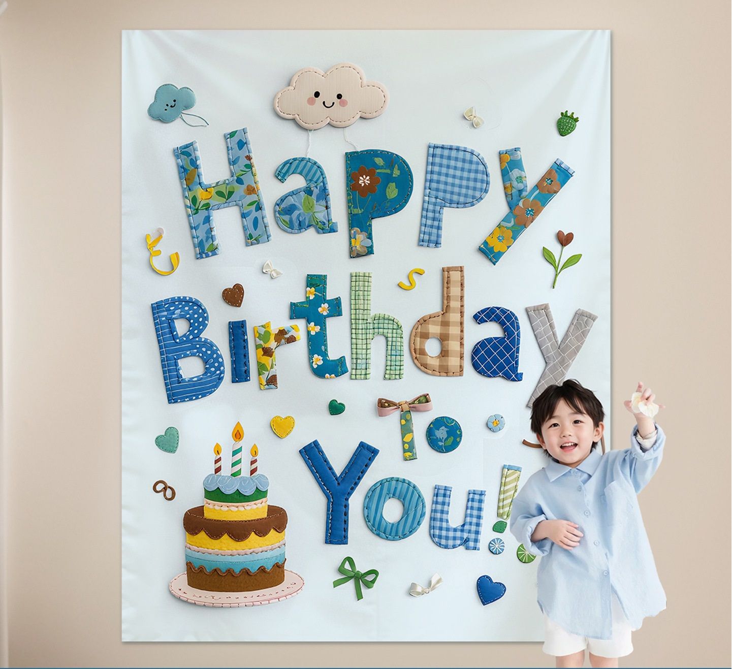 Blue Happy Birthday Backdrop Banner - Reusable Fabric Party Decoration with Colourful Lettering, Photo Background for Kids Birthday, Baby Shower & Celebration