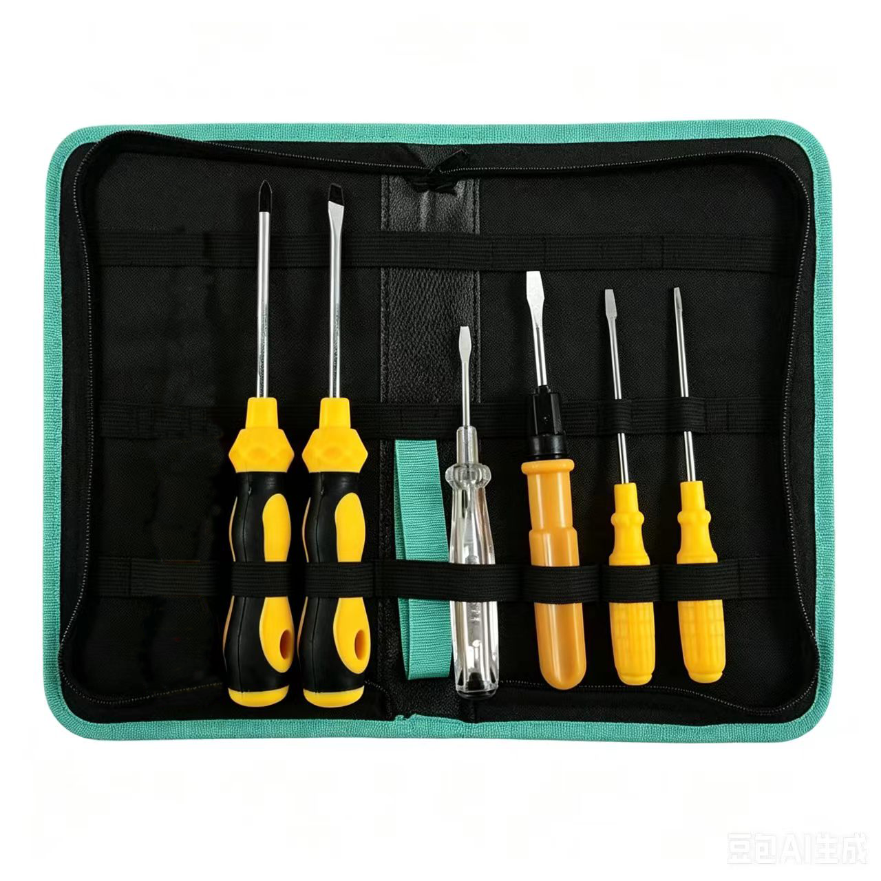 7-Piece Household Screwdriver Set — Includes a 6-Piece Yellow Screwdriver Set and a Medium-Sized Black Multi-functional Canvas Tool Bag. Features Carbon Steel Tips, Plastic Handles, and an Integrated Voltage Tester. The Tool Bag is Constructed from Durabl