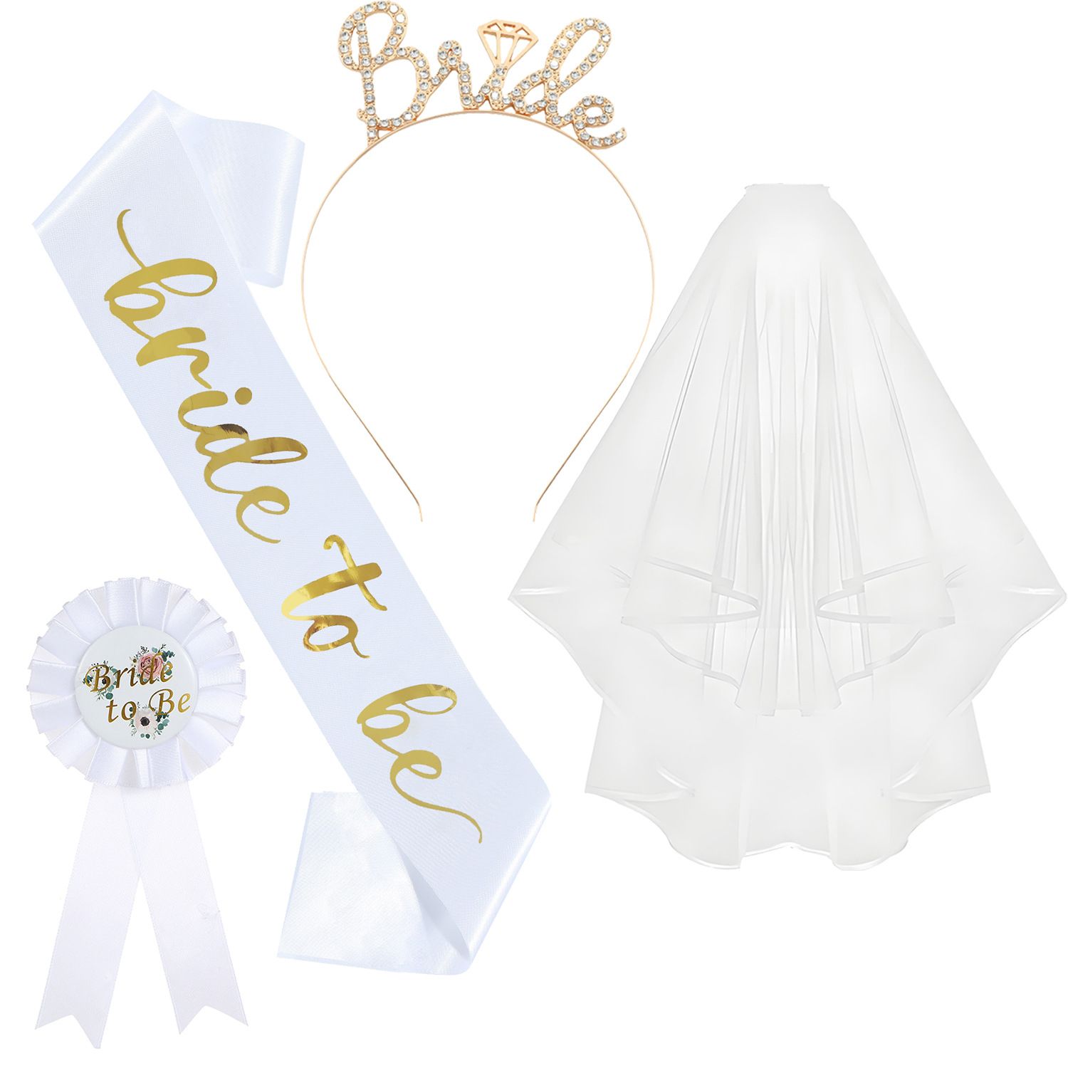 White and Gold Bride to Be Bachelorette Party Accessory Set, 4 Piece Bridal Shower Accessories Kit with Rhinestone Headband, Sash, Badge and Double Layer Veil with Comb