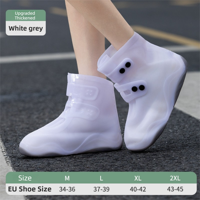 Thickened Waterproof Silicone Rain Shoe Covers with Adjustable Double Buckle Closure, Durable Non-Slip Reusable Overshoes for Men and Women Hiking Camping Daily Use, Grey White Blocking, XL Size (EU 40-42)