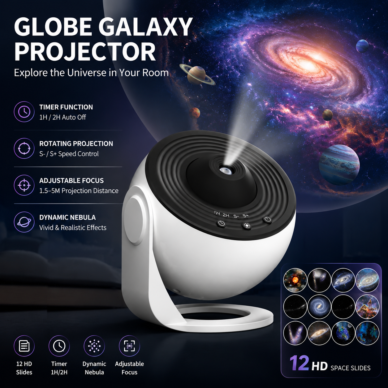White and Black USB Powered Galaxy Star Projector and Earth Globe Night Light with 12 HD Space Films, 1H / 2H Timer, Nebula Dynamic Rotation Effect & Adjustable Focus for Bedroom Kids Home Decor